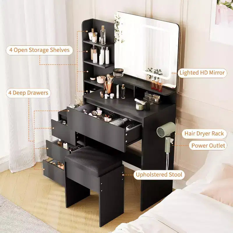 Modern Vanity Desk with LED Mirror & Adjustable Lighting, 36-Inch Makeup Table with 4 Drawers, Storage Shelves, Power Outlet, USB Ports,for Bedroom