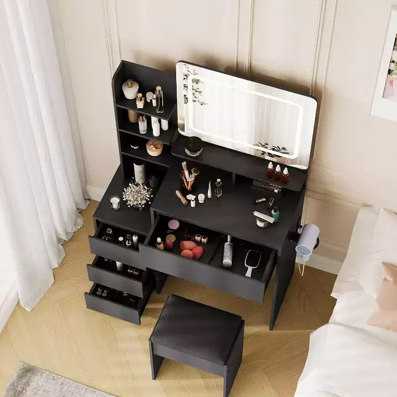 Modern Vanity Desk with LED Mirror & Adjustable Lighting, 36-Inch Makeup Table with 4 Drawers, Storage Shelves, Power Outlet, USB Ports,for Bedroom
