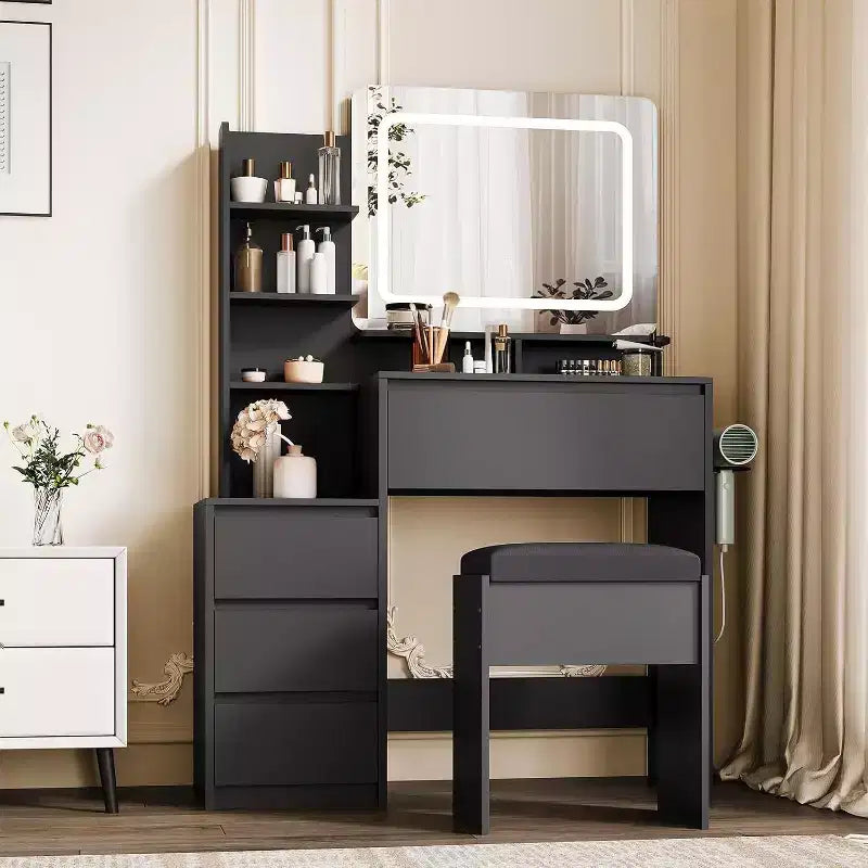 Modern Vanity Desk with LED Mirror & Adjustable Lighting, 36-Inch Makeup Table with 4 Drawers, Storage Shelves, Power Outlet, USB Ports,for Bedroom