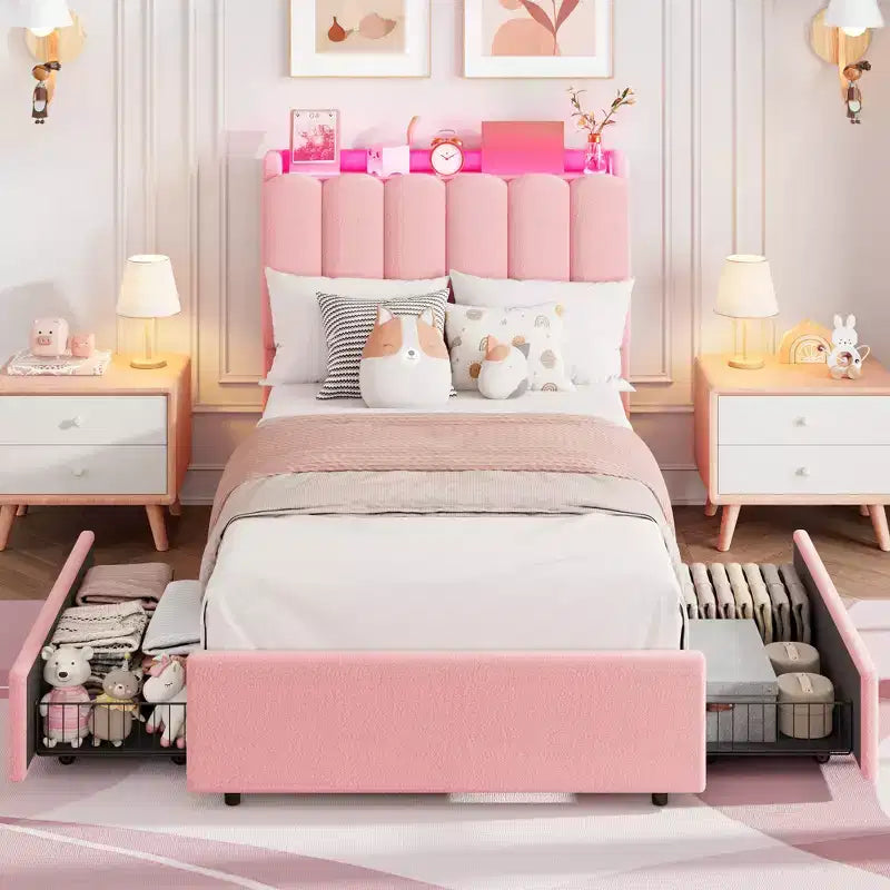 Upholstered Platform Bed Frame Storage Headboard & Drawers, Strong Wood Slats, Noise-Free Metal Frame, Heavy Duty, Easy Assembly,