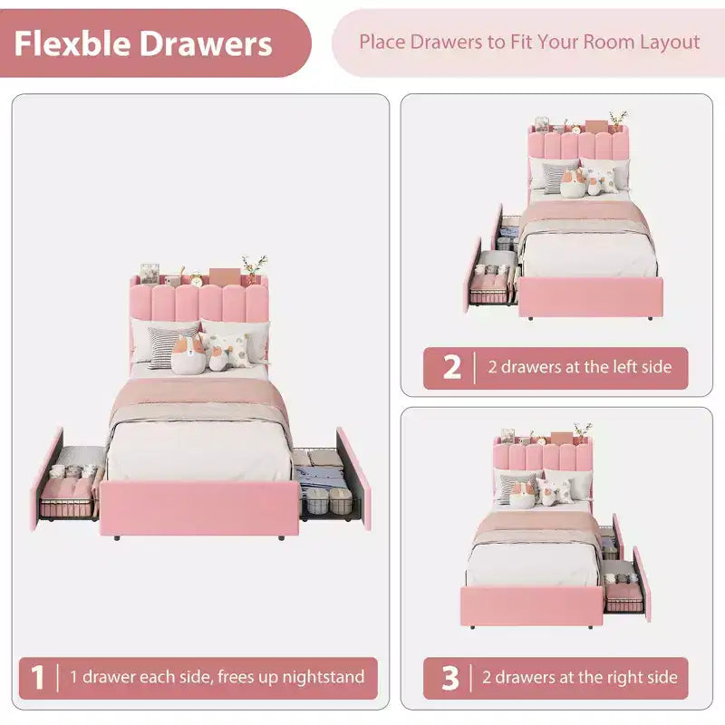 Upholstered Platform Bed Frame Storage Headboard & Drawers, Strong Wood Slats, Noise-Free Metal Frame, Heavy Duty, Easy Assembly,