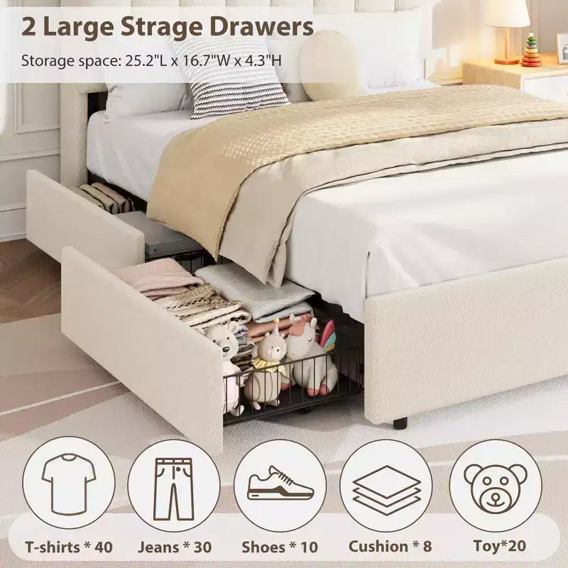 Upholstered Platform Bed Frame Storage Headboard & Drawers, Strong Wood Slats, Noise-Free Metal Frame, Heavy Duty, Easy Assembly,