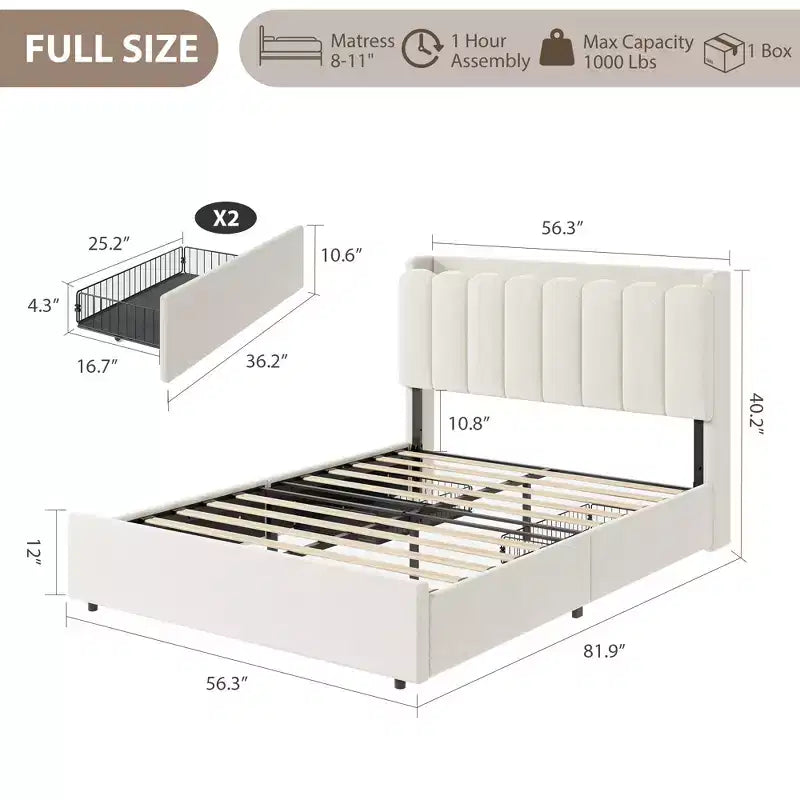 Upholstered Platform Bed Frame Storage Headboard & Drawers, Strong Wood Slats, Noise-Free Metal Frame, Heavy Duty, Easy Assembly,