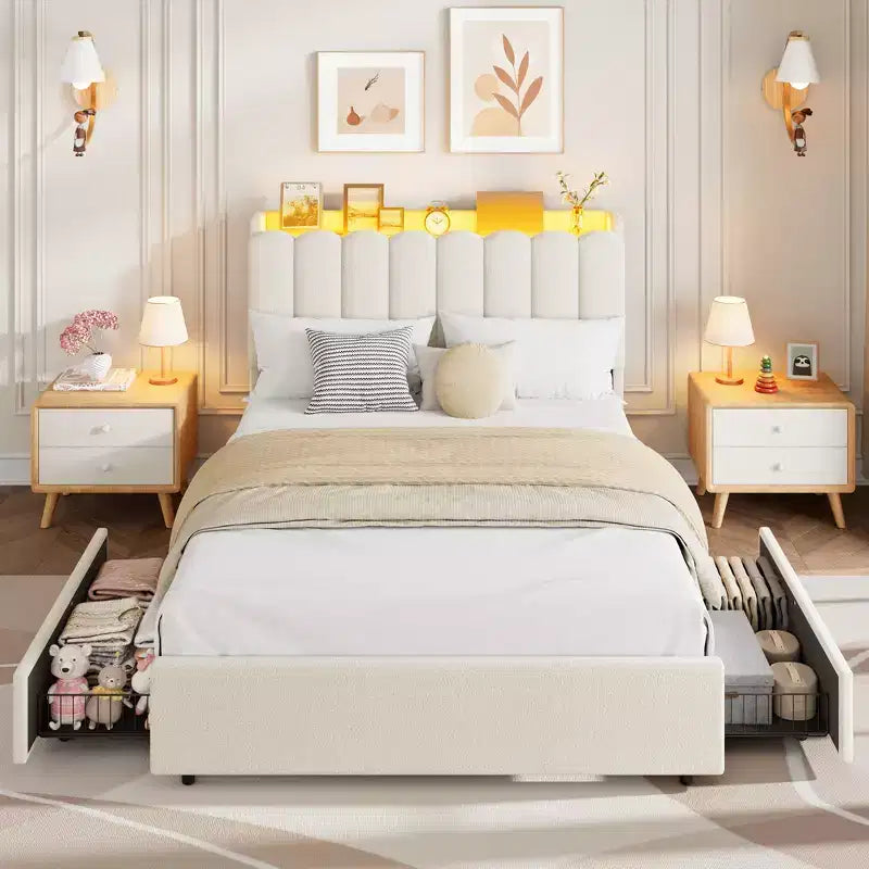 Upholstered Platform Bed Frame Storage Headboard & Drawers, Strong Wood Slats, Noise-Free Metal Frame, Heavy Duty, Easy Assembly,