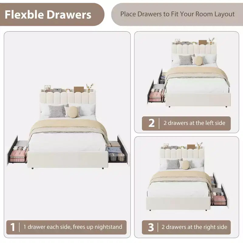 Upholstered Platform Bed Frame Storage Headboard & Drawers, Strong Wood Slats, Noise-Free Metal Frame, Heavy Duty, Easy Assembly,