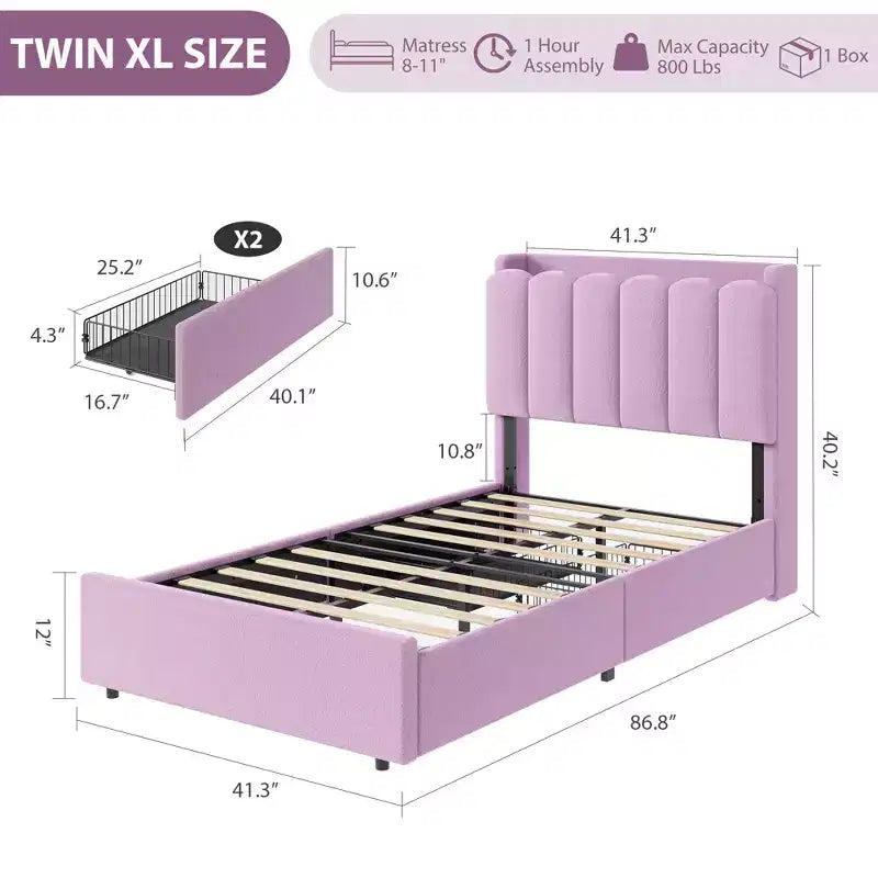 Upholstered Platform Bed Frame Storage Headboard & Drawers, Strong Wood Slats, Noise-Free Metal Frame, Heavy Duty, Easy Assembly,