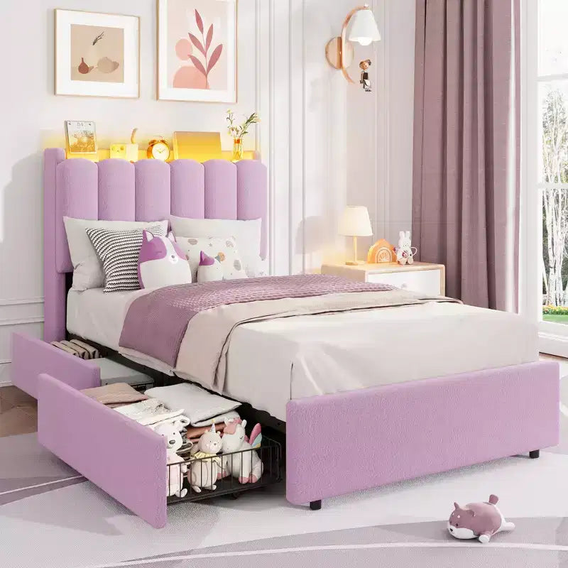 Upholstered Platform Bed Frame Storage Headboard & Drawers, Strong Wood Slats, Noise-Free Metal Frame, Heavy Duty, Easy Assembly,