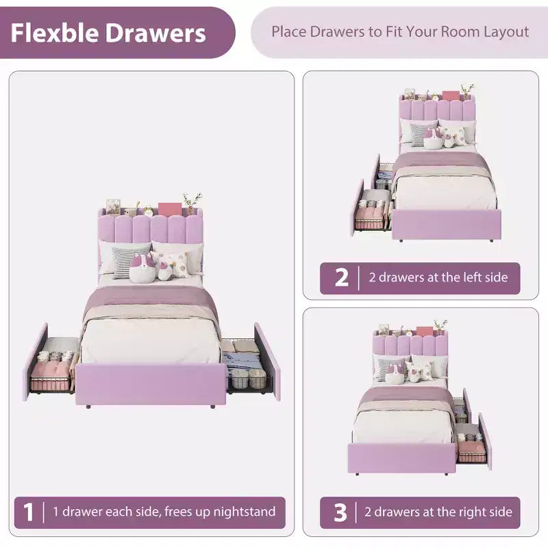 Upholstered Platform Bed Frame Storage Headboard & Drawers, Strong Wood Slats, Noise-Free Metal Frame, Heavy Duty, Easy Assembly,