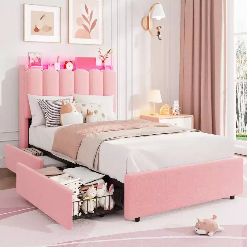 Upholstered Platform Bed Frame Storage Headboard & Drawers, Strong Wood Slats, Noise-Free Metal Frame, Heavy Duty, Easy Assembly,