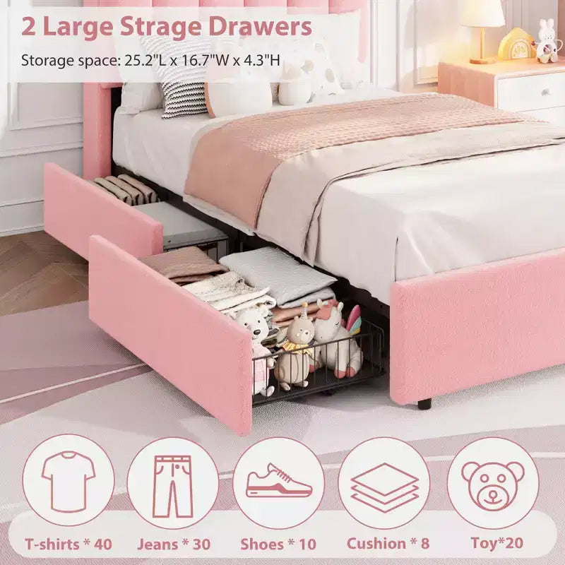Upholstered Platform Bed Frame Storage Headboard & Drawers, Strong Wood Slats, Noise-Free Metal Frame, Heavy Duty, Easy Assembly,
