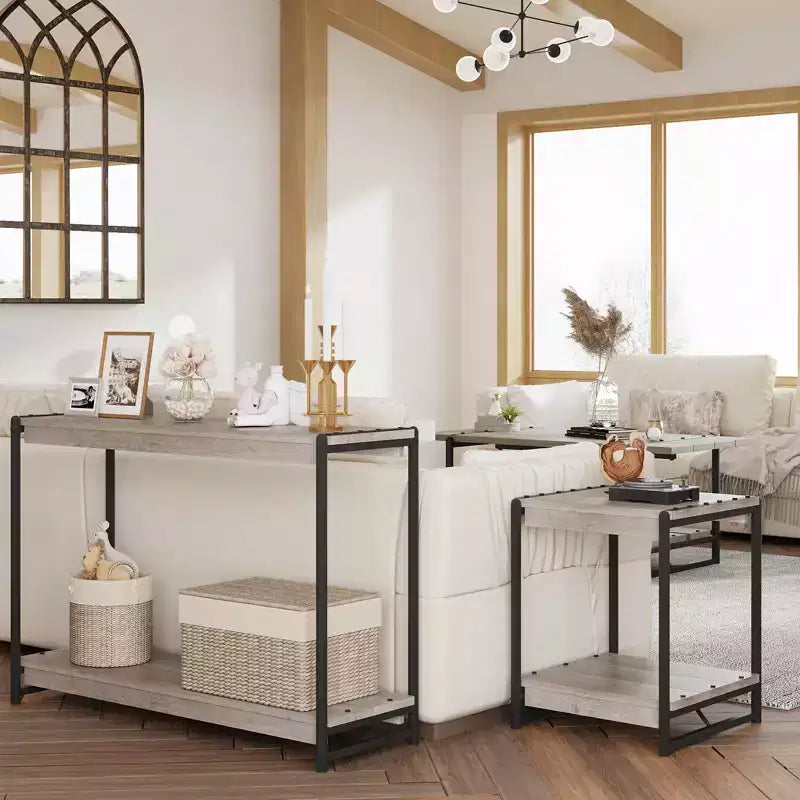 40 Farmhouse Console Table with 2 Shelves  Grey Slatted Sofa & Entryway Table