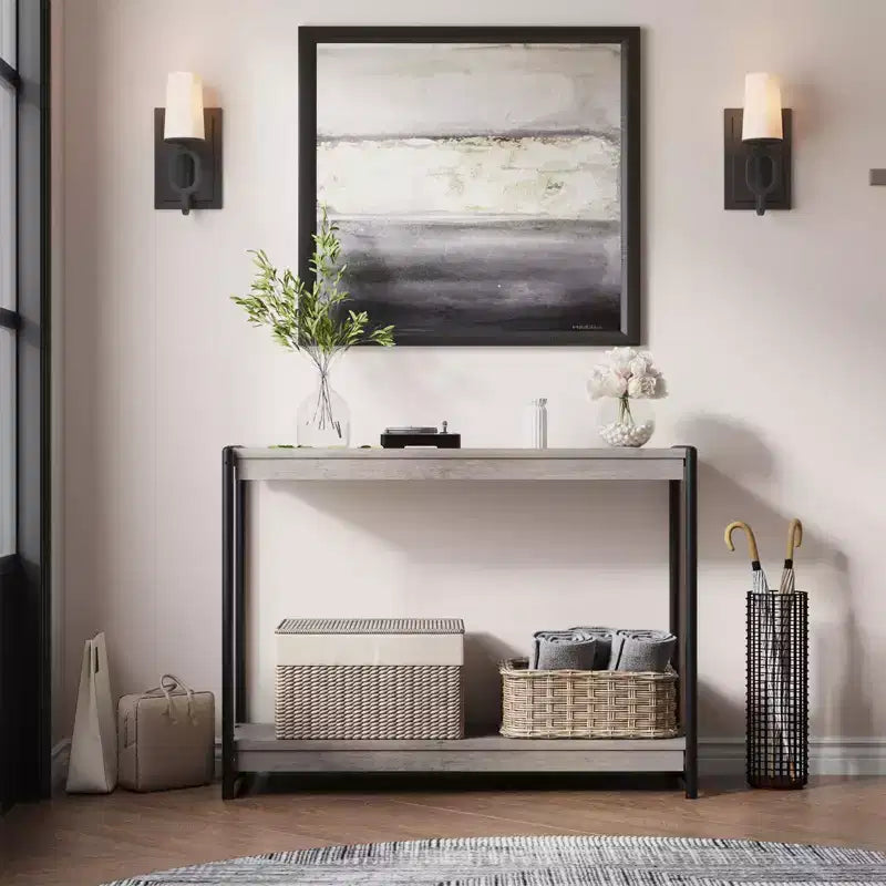 40 Farmhouse Console Table with 2 Shelves  Grey Slatted Sofa & Entryway Table