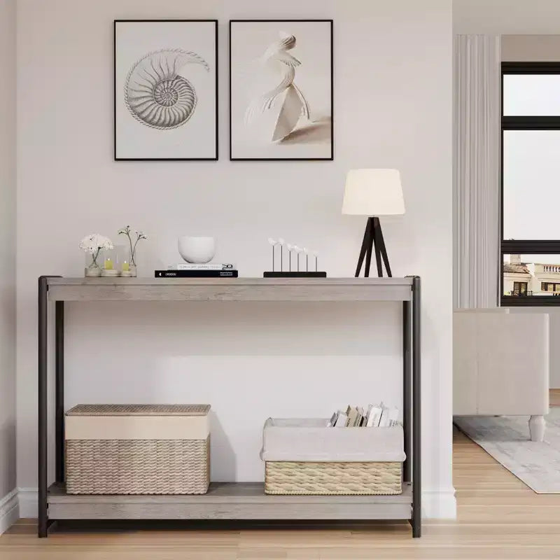40 Farmhouse Console Table with 2 Shelves  Grey Slatted Sofa & Entryway Table