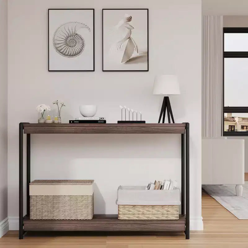 40 Farmhouse Console Table with 2 Shelves  Grey Slatted Sofa & Entryway Table