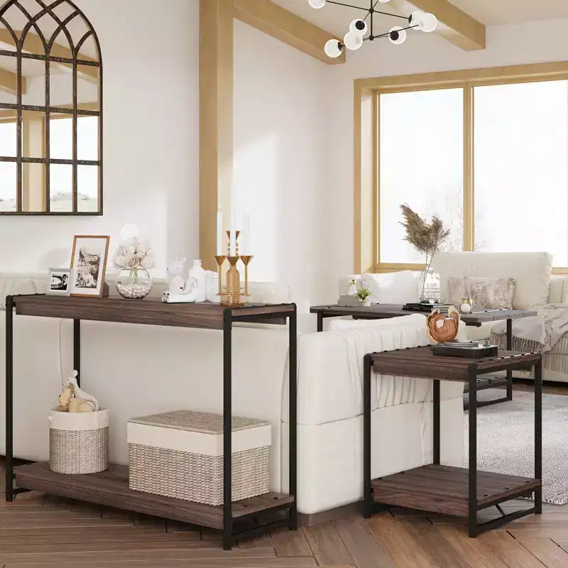 40 Farmhouse Console Table with 2 Shelves  Grey Slatted Sofa & Entryway Table