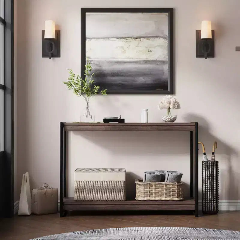 40 Farmhouse Console Table with 2 Shelves  Grey Slatted Sofa & Entryway Table