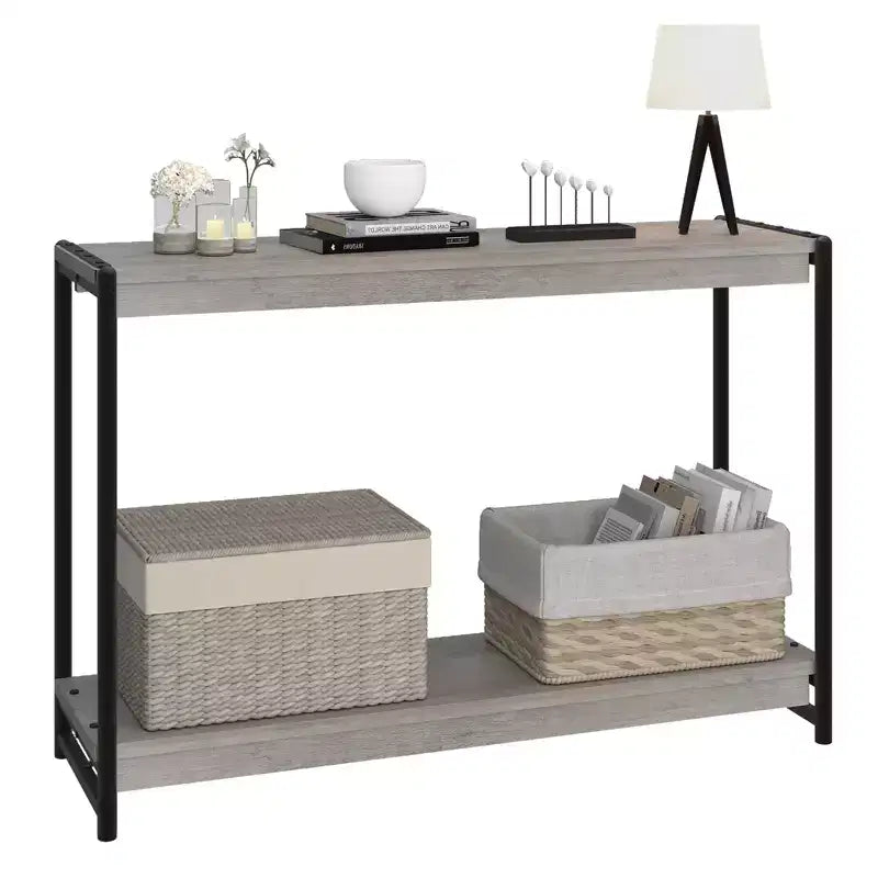 40 Farmhouse Console Table with 2 Shelves  Grey Slatted Sofa & Entryway Table