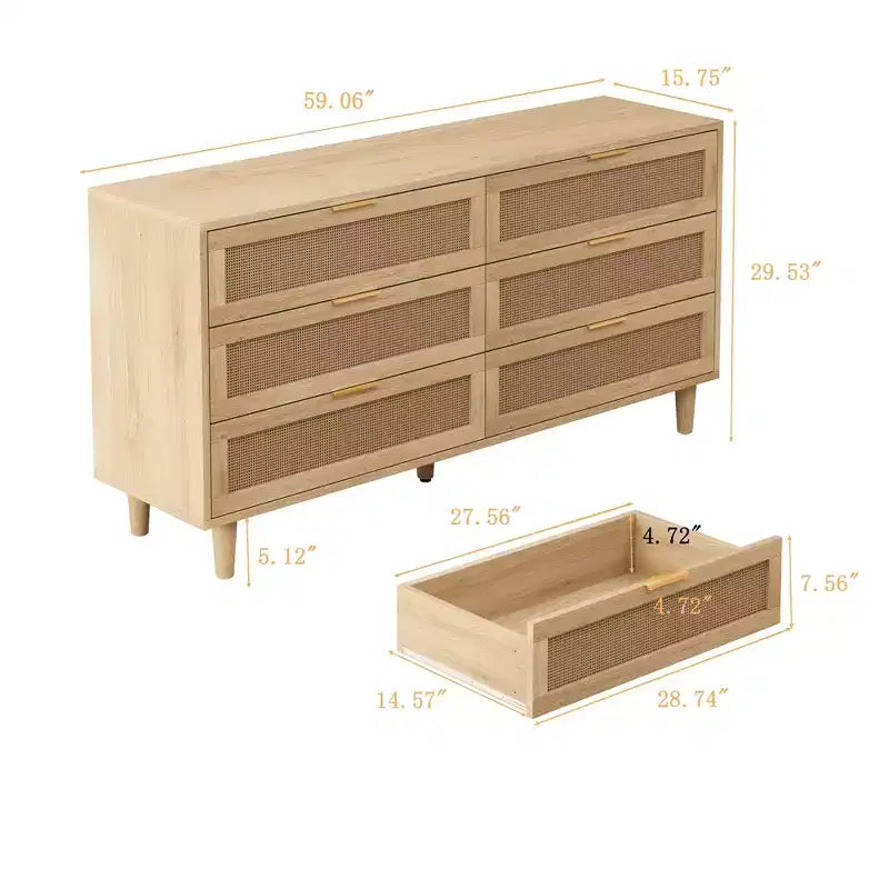 JVNOXK 59.06-inch 6-Drawer Rattan Storage Cabinet with White Drawer Slides, Suitable for Bedrooms, Features Storage Space,Natural