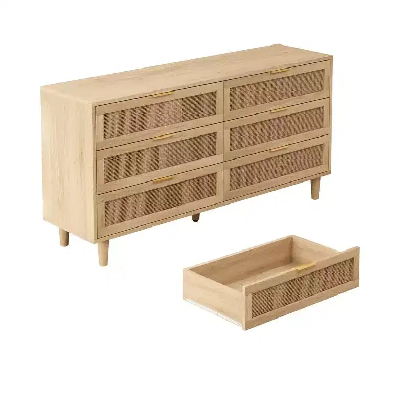 JVNOXK 59.06-inch 6-Drawer Rattan Storage Cabinet with White Drawer Slides, Suitable for Bedrooms, Features Storage Space,Natural