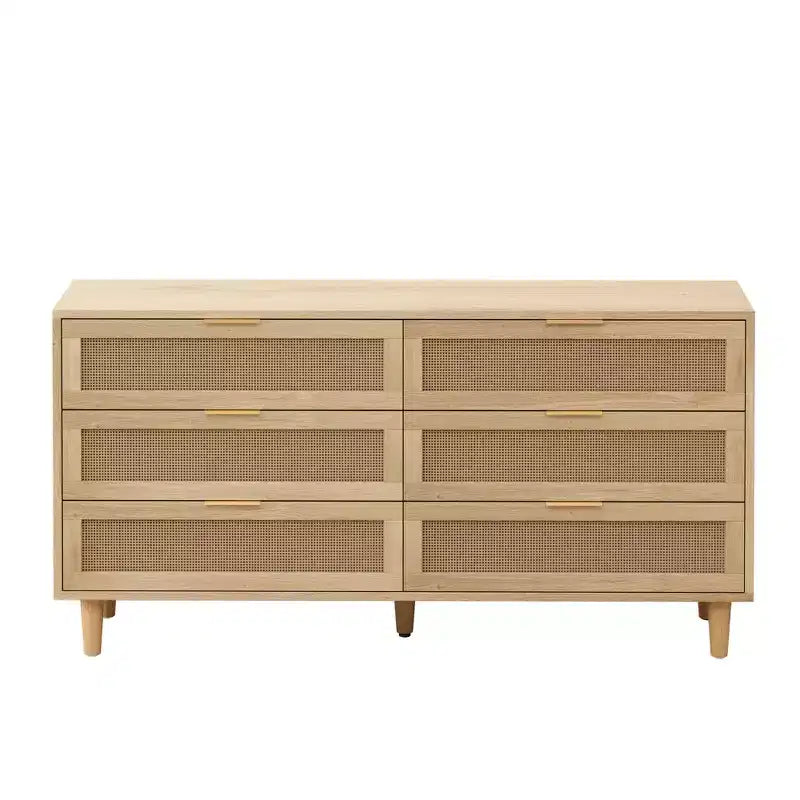 JVNOXK 59.06-inch 6-Drawer Rattan Storage Cabinet with White Drawer Slides, Suitable for Bedrooms, Features Storage Space,Natural