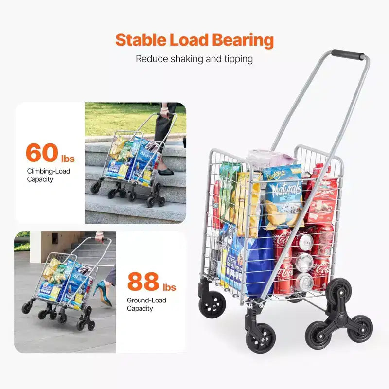VIYET 45L Stair Climbing Storage Cart, 360 Swivel Wheels, Tri-Wheels, Foldable Collapsible Lightweight Utility Cart for Laundry Travel, Silver