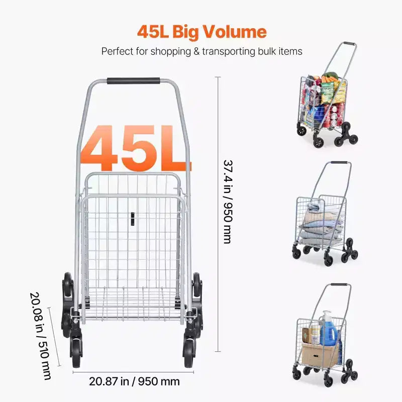 VIYET 45L Stair Climbing Storage Cart, 360 Swivel Wheels, Tri-Wheels, Foldable Collapsible Lightweight Utility Cart for Laundry Travel, Silver
