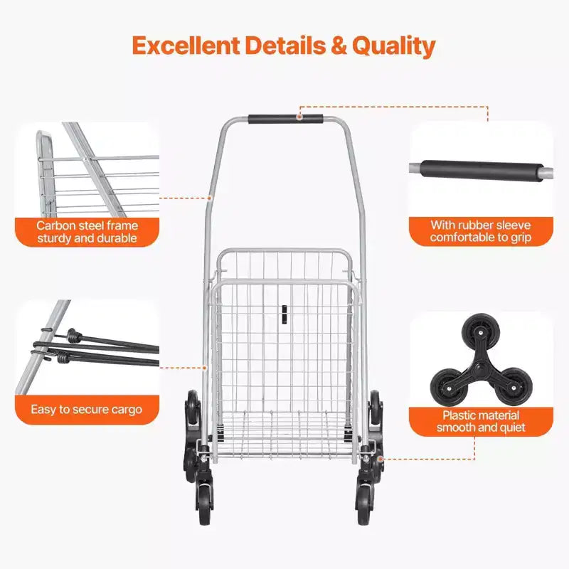 VIYET 45L Stair Climbing Storage Cart, 360 Swivel Wheels, Tri-Wheels, Foldable Collapsible Lightweight Utility Cart for Laundry Travel, Silver