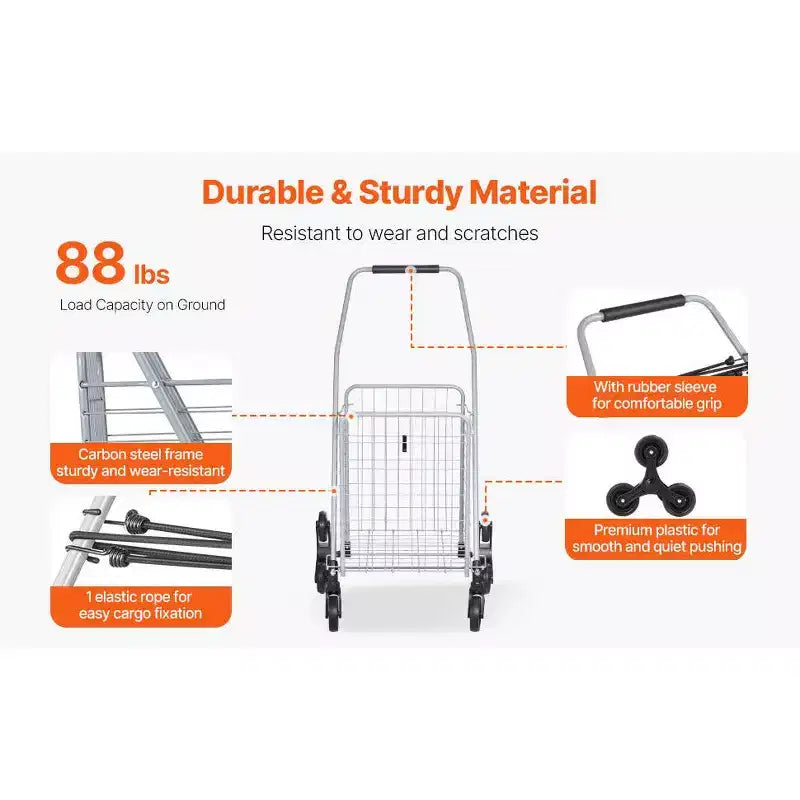 VIYET 45L Stair Climbing Storage Cart, 360 Swivel Wheels, Tri-Wheels, Foldable Collapsible Lightweight Utility Cart for Laundry Travel, Silver