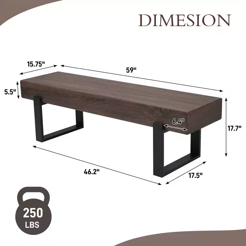 59 Farmhouse Dining Bench with MDF Top and Metal Legs for Multiple Uses