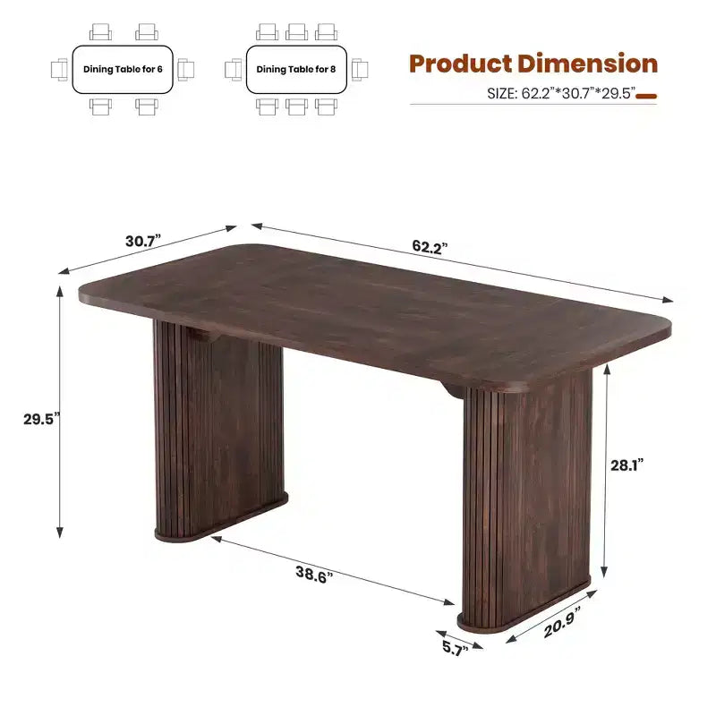 Dining Table for 6-8 People - 62 Modern Long Kitchen Table with Large Tabletop & Heavy Duty Pedestal Legs, Rectangular Dinner Table