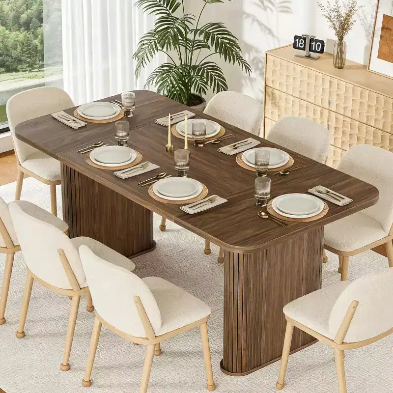 Dining Table for 6-8 People - 62 Modern Long Kitchen Table with Large Tabletop & Heavy Duty Pedestal Legs, Rectangular Dinner Table
