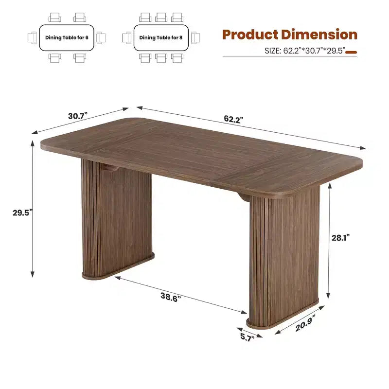 Dining Table for 6-8 People - 62 Modern Long Kitchen Table with Large Tabletop & Heavy Duty Pedestal Legs, Rectangular Dinner Table