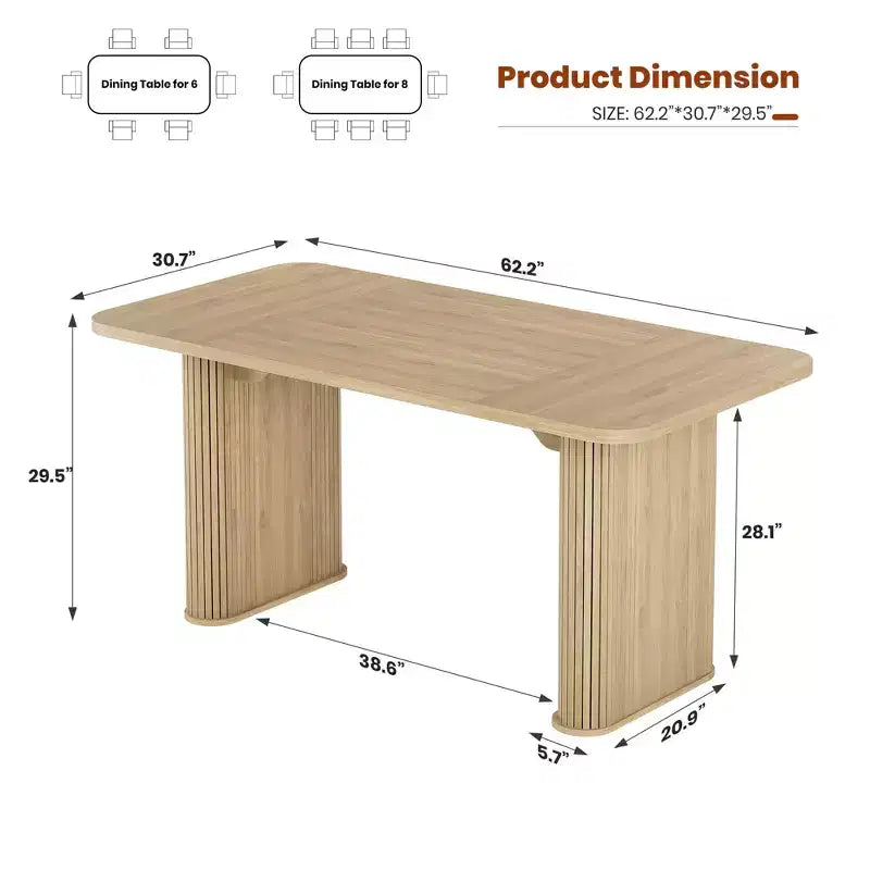 Dining Table for 6-8 People - 62 Modern Long Kitchen Table with Large Tabletop & Heavy Duty Pedestal Legs, Rectangular Dinner Table