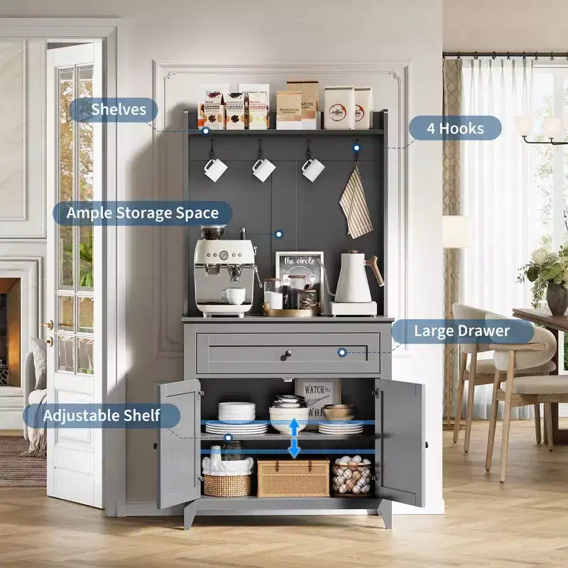 63'' Pantry Cabinet with 4 Hooks, 1 Large Drawer, Adjustable Shelves for Living Room, Dining Room