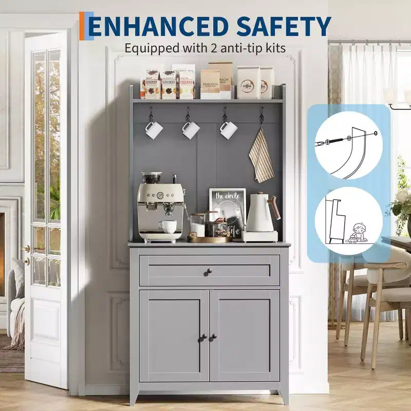 63'' Pantry Cabinet with 4 Hooks, 1 Large Drawer, Adjustable Shelves for Living Room, Dining Room