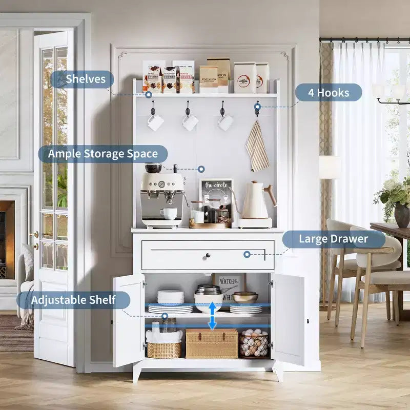 63'' Pantry Cabinet with 4 Hooks, 1 Large Drawer, Adjustable Shelves for Living Room, Dining Room