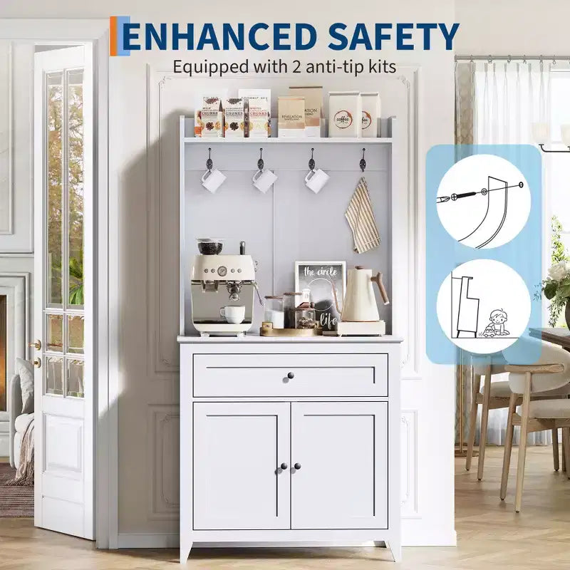 63'' Pantry Cabinet with 4 Hooks, 1 Large Drawer, Adjustable Shelves for Living Room, Dining Room