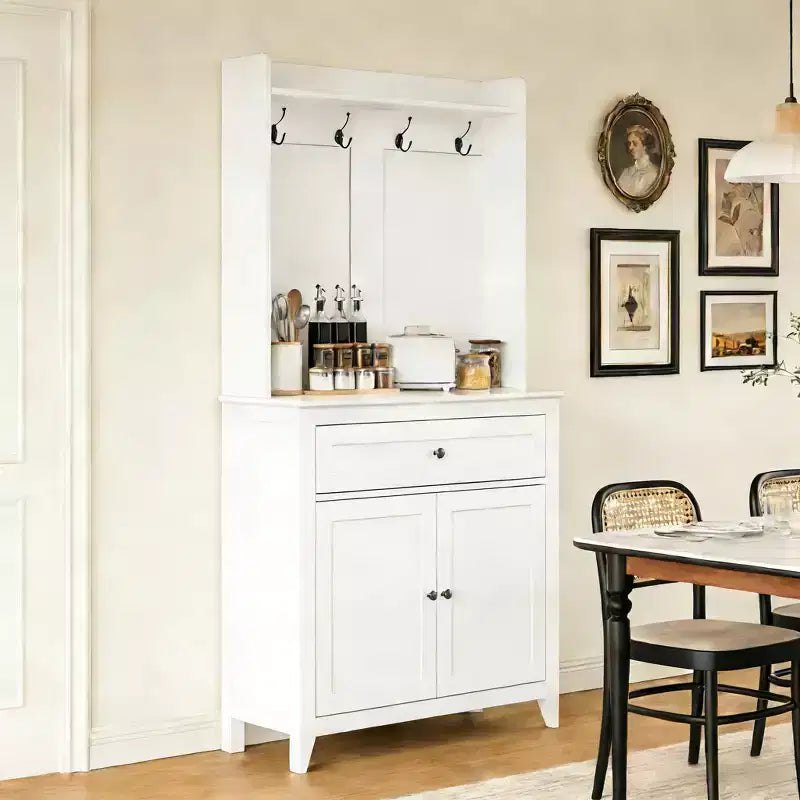 63'' Pantry Cabinet with 4 Hooks, 1 Large Drawer, Adjustable Shelves for Living Room, Dining Room