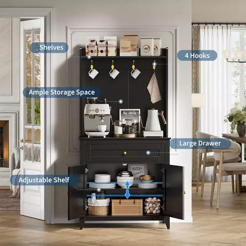63'' Pantry Cabinet with 4 Hooks, 1 Large Drawer, Adjustable Shelves for Living Room, Dining Room