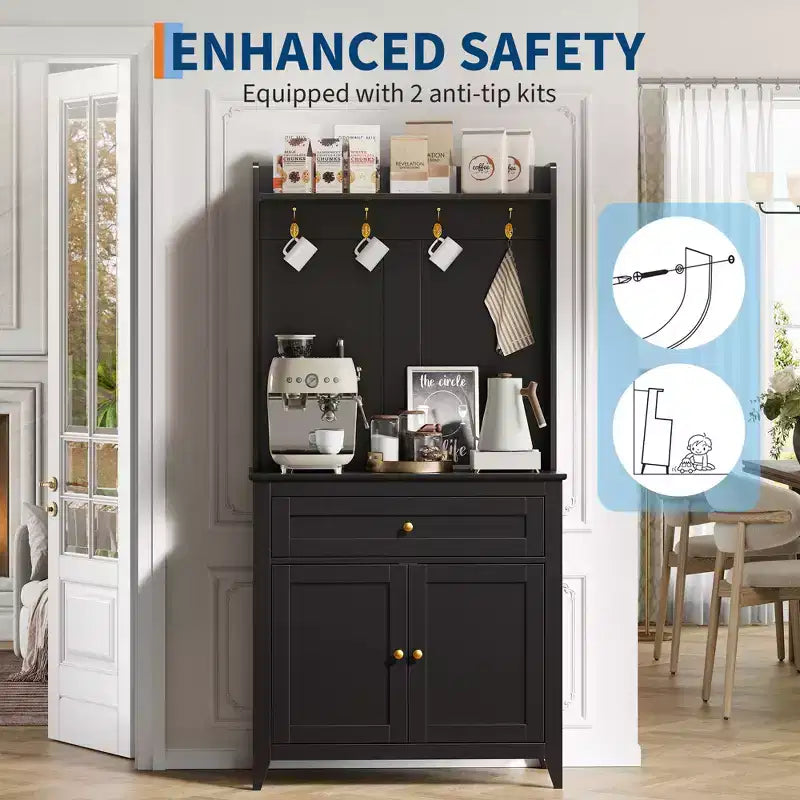 63'' Pantry Cabinet with 4 Hooks, 1 Large Drawer, Adjustable Shelves for Living Room, Dining Room