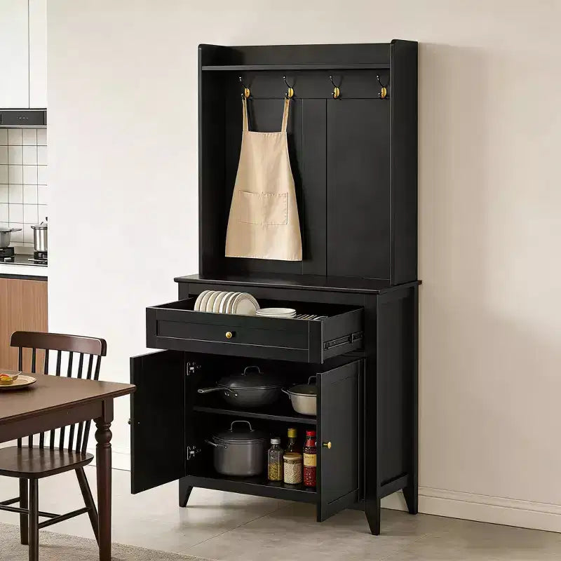 63'' Pantry Cabinet with 4 Hooks, 1 Large Drawer, Adjustable Shelves for Living Room, Dining Room
