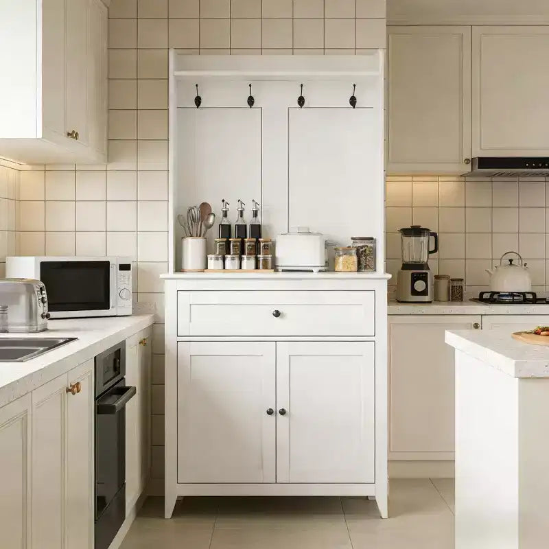 63'' Pantry Cabinet with 4 Hooks, 1 Large Drawer, Adjustable Shelves for Living Room, Dining Room