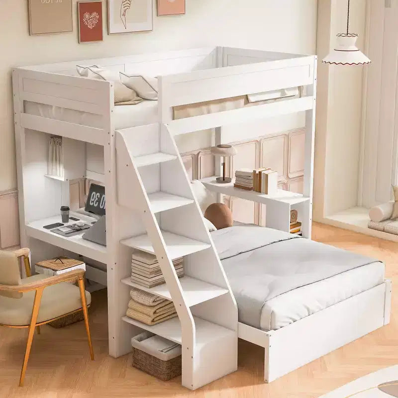 Whisen Twin XL Over Full Bed & Bed Frame with Desk and USB