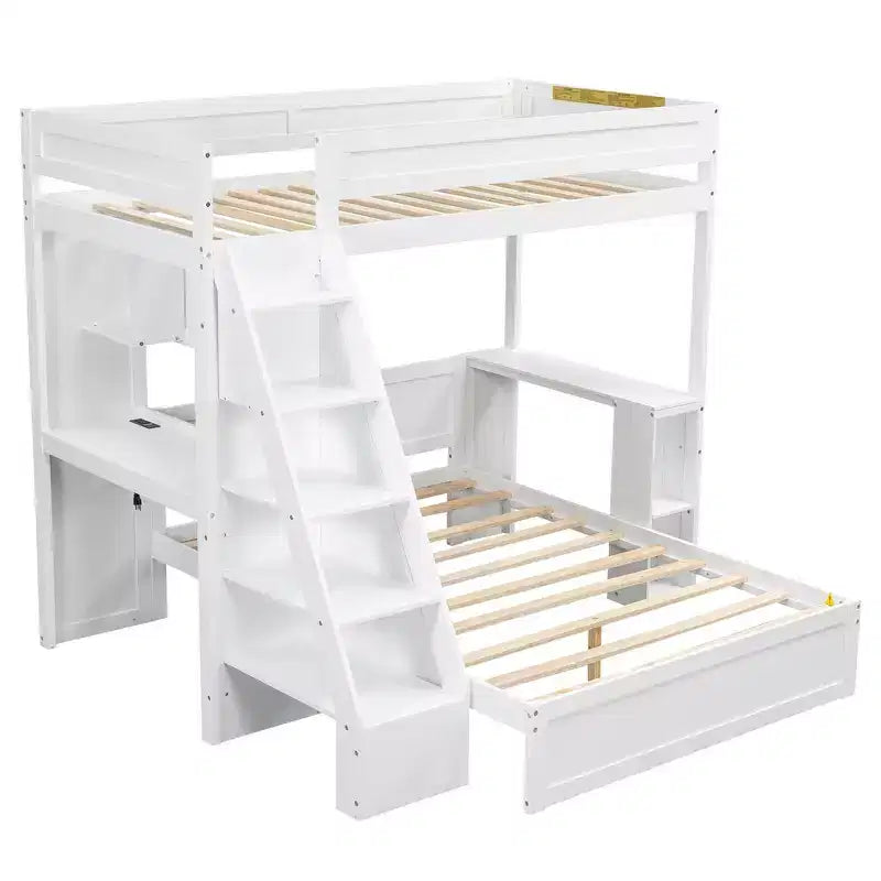 Whisen Twin XL Over Full Bed & Bed Frame with Desk and USB