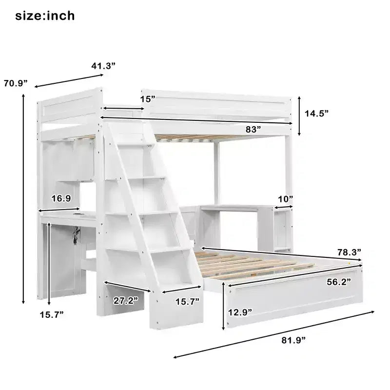 Whisen Twin XL Over Full Bed & Bed Frame with Desk and USB