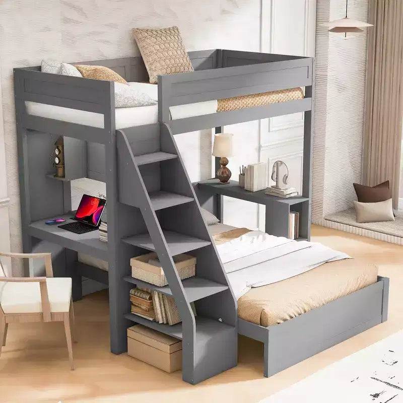 Whisen Twin XL Over Full Bed & Bed Frame with Desk and USB