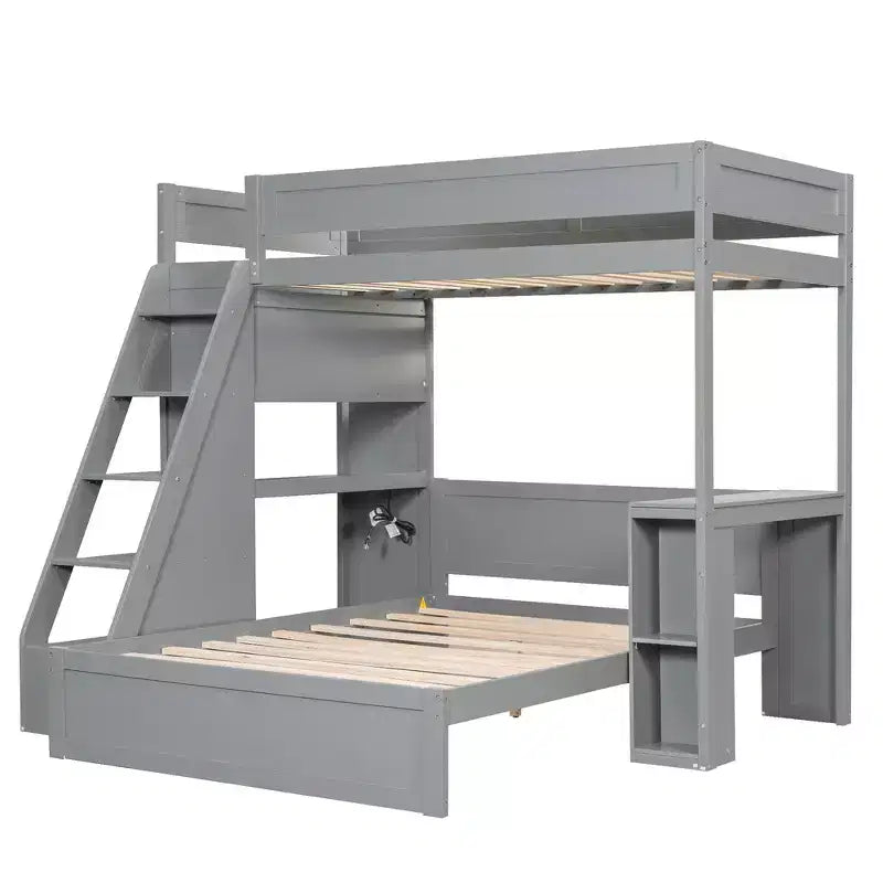 Whisen Twin XL Over Full Bed & Bed Frame with Desk and USB