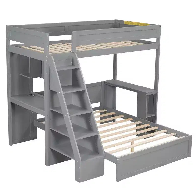 Whisen Twin XL Over Full Bed & Bed Frame with Desk and USB
