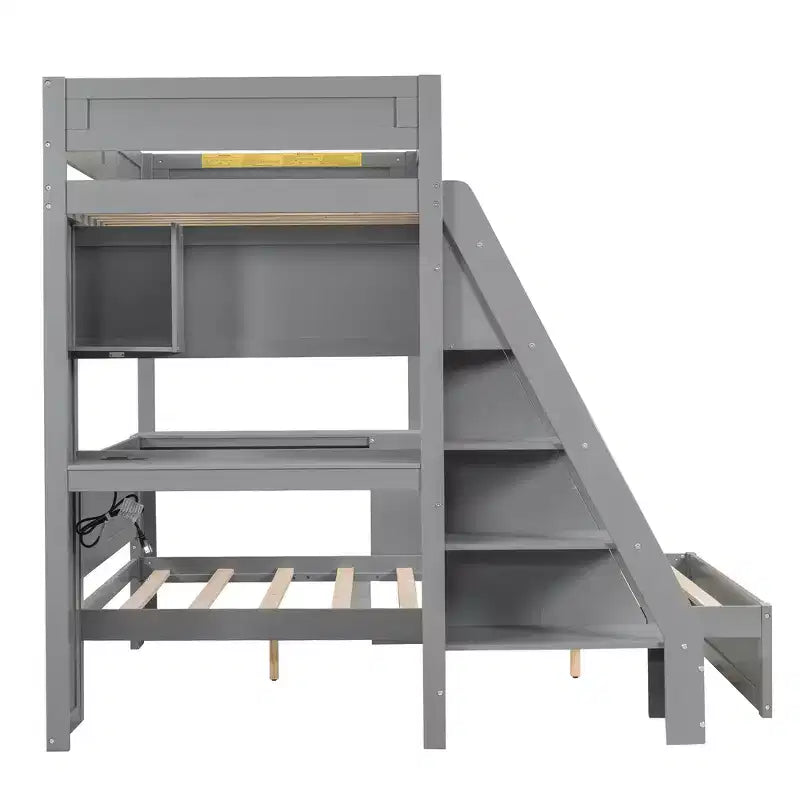 Whisen Twin XL Over Full Bed & Bed Frame with Desk and USB