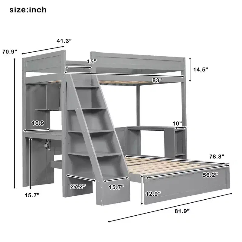Whisen Twin XL Over Full Bed & Bed Frame with Desk and USB